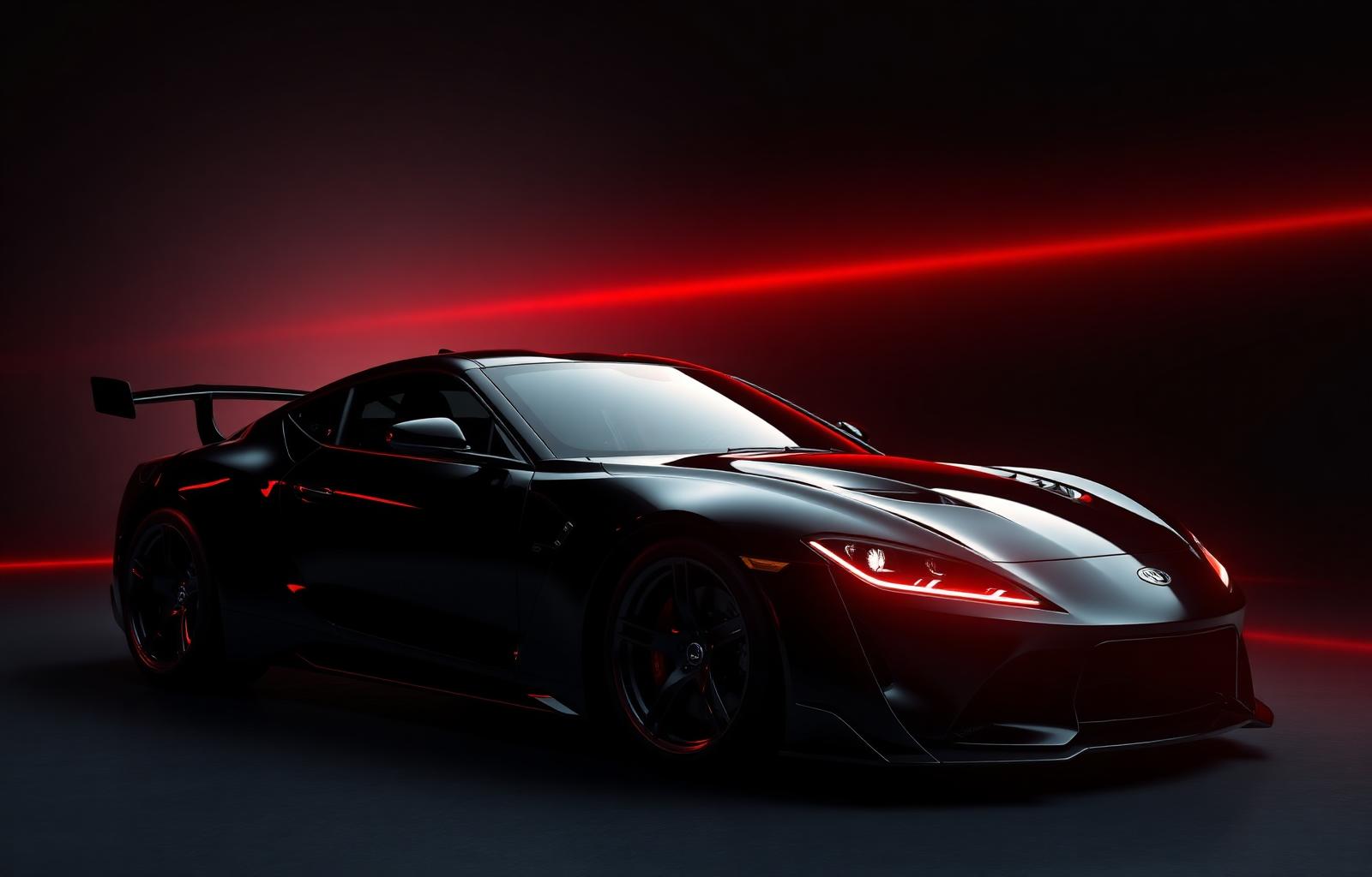 Black performance car under red studio lighting